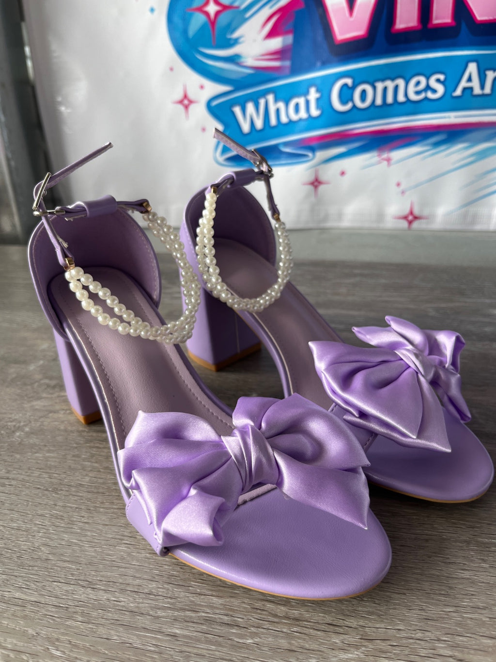 Purple Bow Block Heels (Size W7)