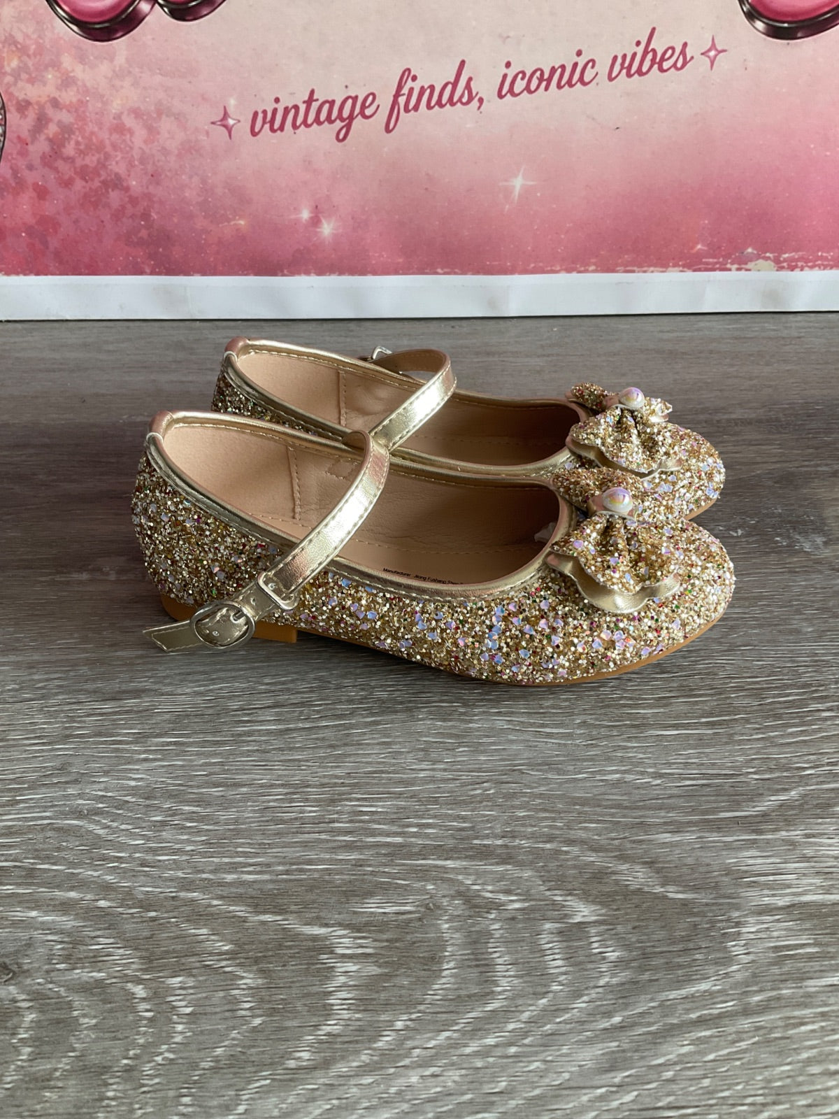 Flats Sparkly Gold With Strap (Size T6.5)