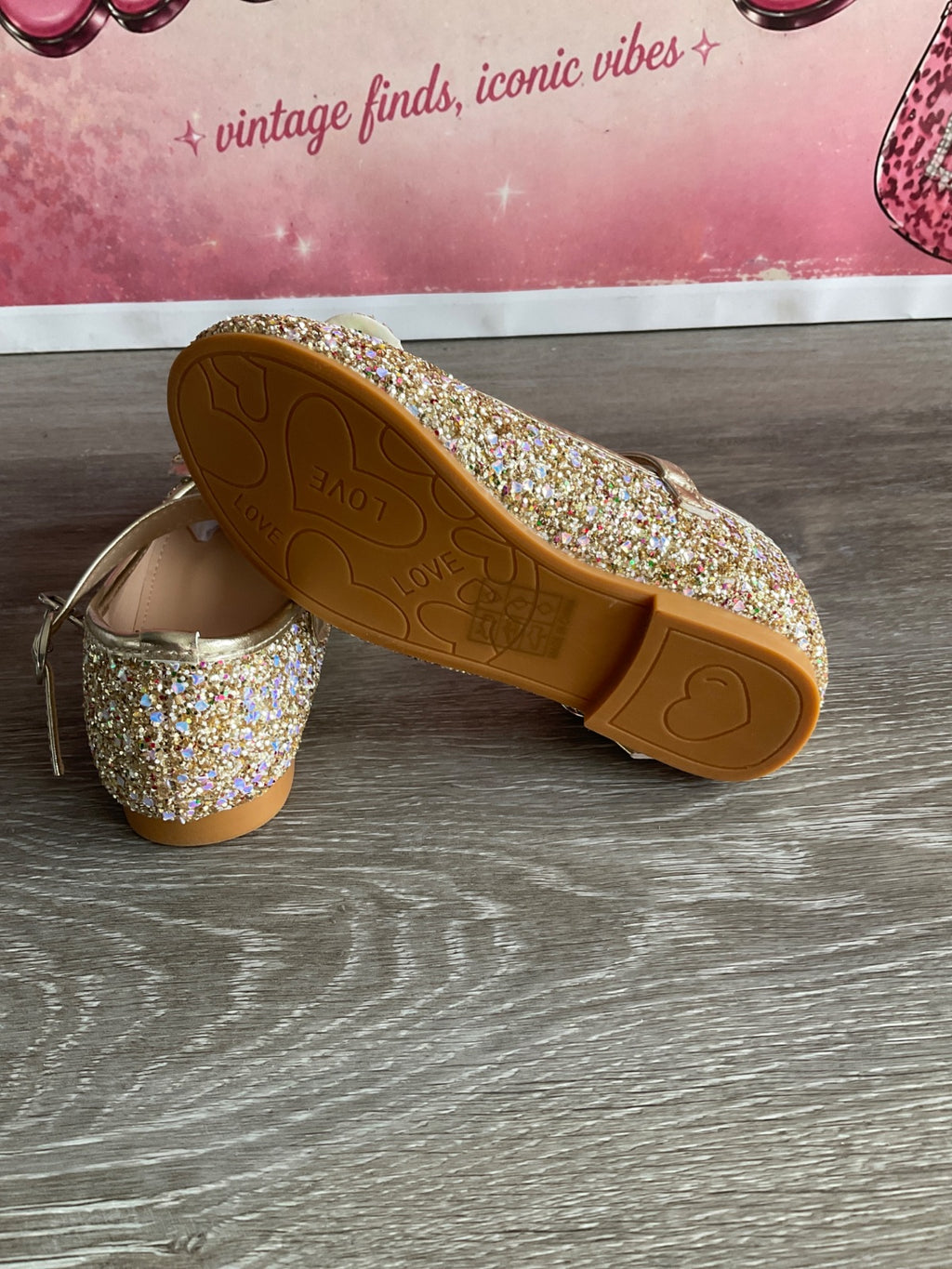 Flats Sparkly Gold With Strap (Size T6.5)